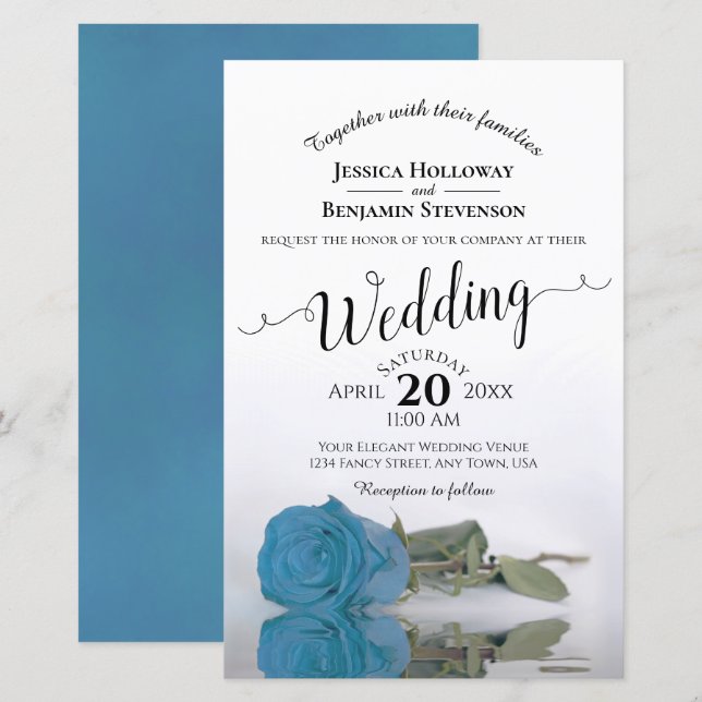 Elegant Sky Blue Rose BUDGET Wedding Invitation (Front/Back)