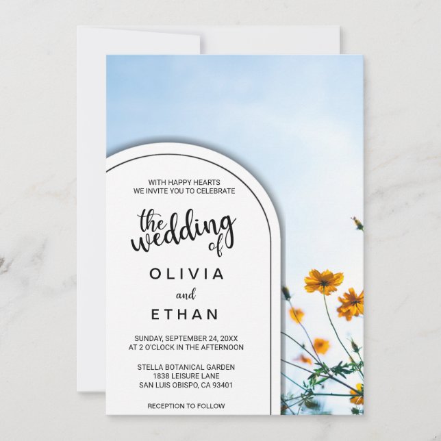 Elegant Sky Sunflowers Summer Floral Wedding Invitation (Front)