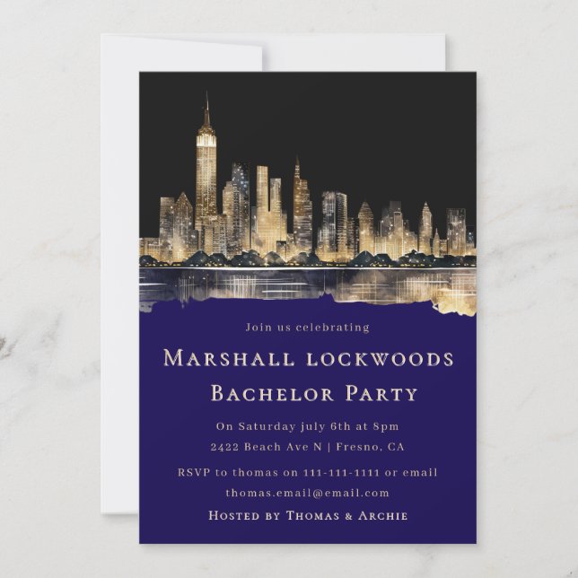 Elegant Skyline Bachelor Party Invitation (Front)