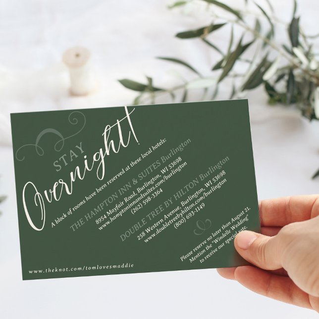 Elegant Slant Script Dark Green Wedding Hotel Stay Enclosure Card (Elegant slant script  dark moss green wedding invitation hotel stay overnight accommodations insert)