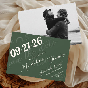Elegant Slant Script Dark Moss Green Photo Wedding Save The Date