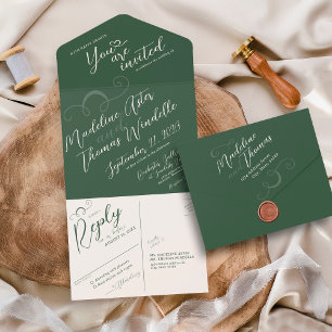 Elegant Slant Script Dark Moss Green Wedding All In One Invitation
