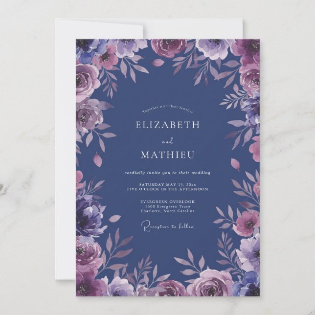 Elegant Slate Amethyst Petal Wedding Invitation (Front)