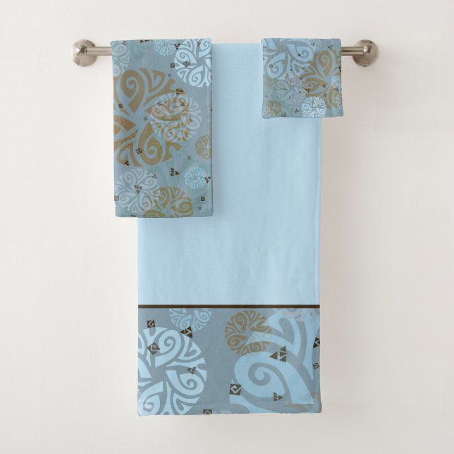 Elegant Slate Blue Ethnic Motif Bath Towel Set (Insitu)