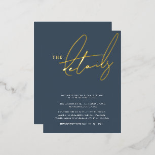 Elegant Slate Blue Gold Foil Wedding Details Invitation Postcard