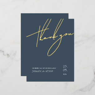 Elegant Slate Blue Gold Foil Wedding Invitation Postcard