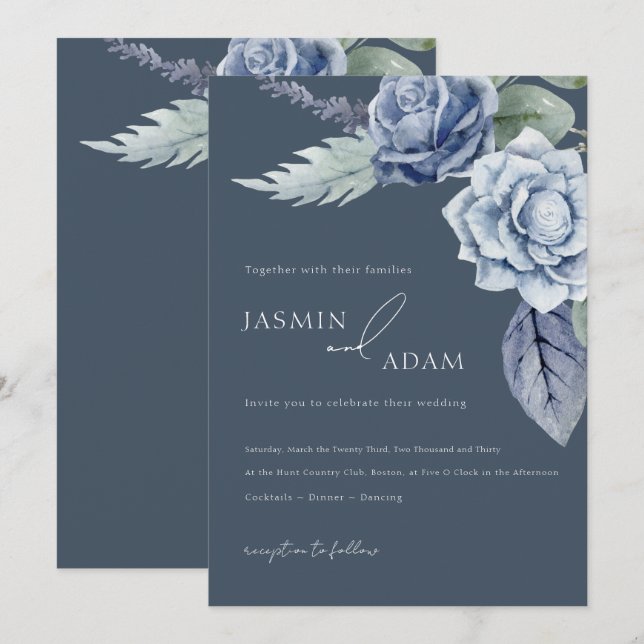Elegant Slate Blue Rose Wedding Invitation (Front/Back)