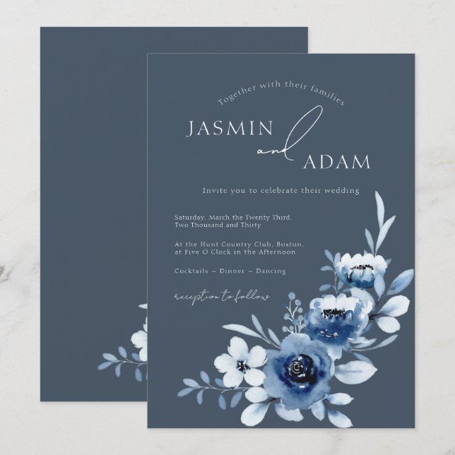 Elegant Slate Blue Rose Wedding Invitation (Front/Back)