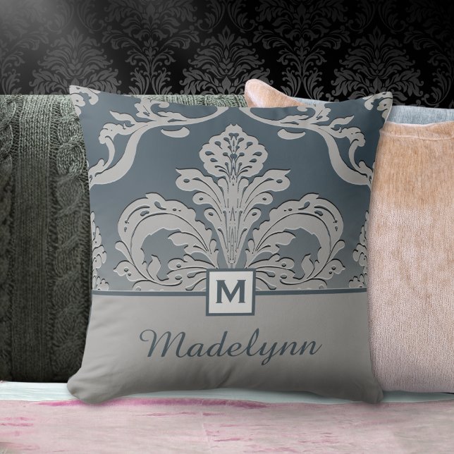 Elegant Slate Damask Monogram Design Throw Pillow (Creator Uploaded)