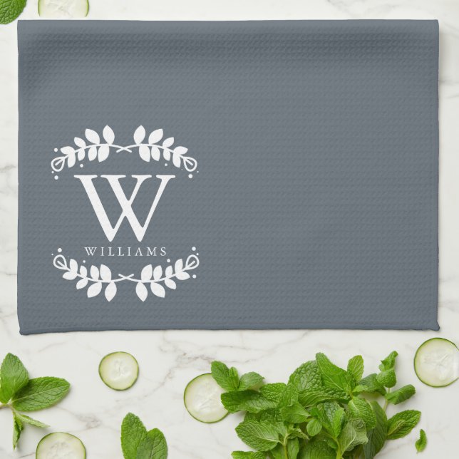 Elegant Slate Grey Family Monogram Kitchen Towel (Folded)