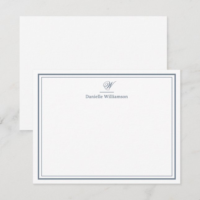 Elegant Slate Grey Monogram Double Border White Card (Front/Back)