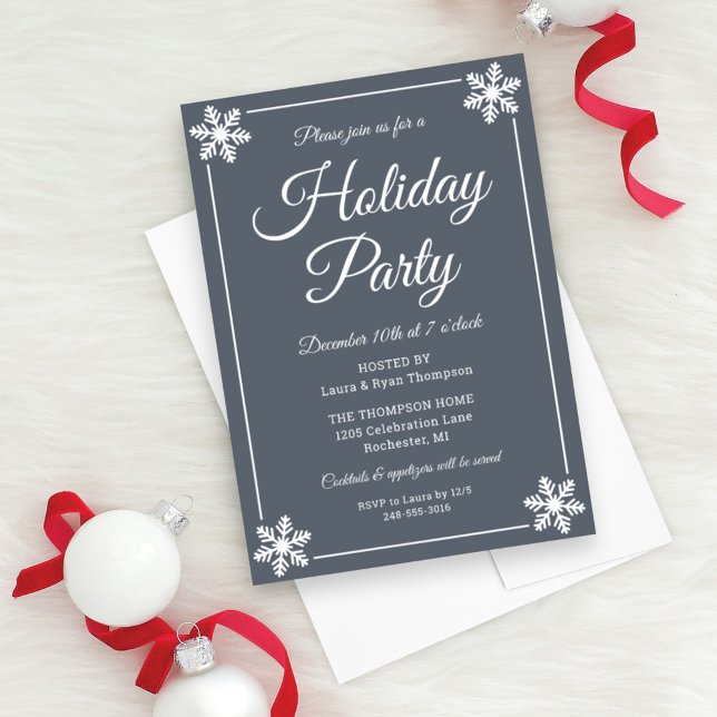 Elegant Slate Grey Snowflake Script Holiday Party Invitation (Creator Uploaded)