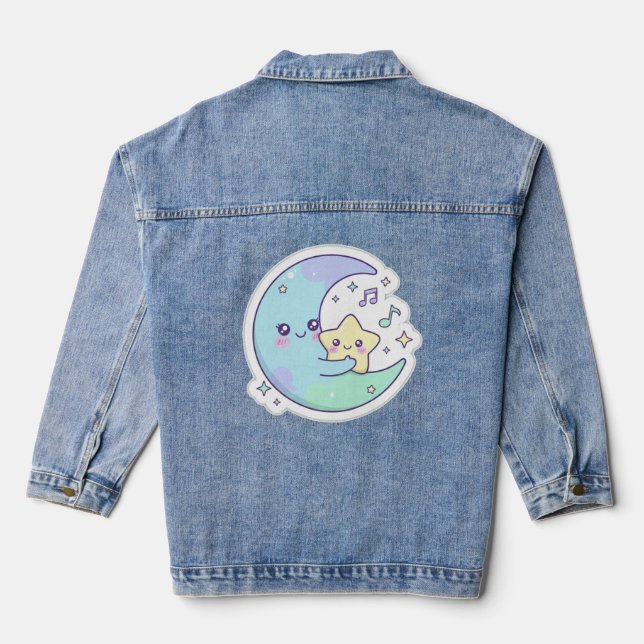 Elegant Sleeping Moon & Stars Women's Denim Jacket (Verso)