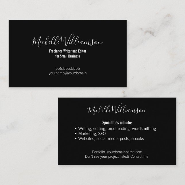 Elegant Small Business Owner 2 Sided Black White Card (Front/Back)
