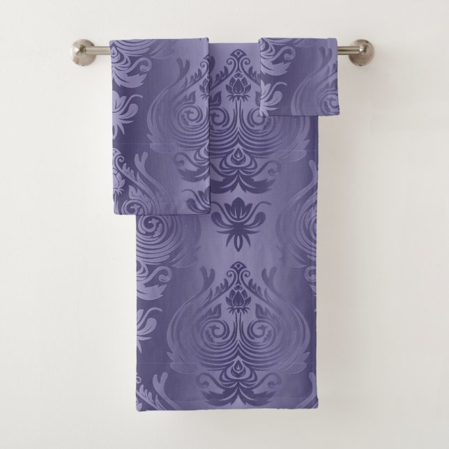 Elegant Smokey Indigo Purple Damask Print Bath Towel Set (Insitu)