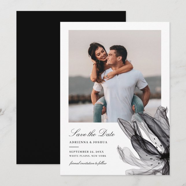 Elegant Smoky Floral Black White Photo Wedding  Save The Date (Front/Back)