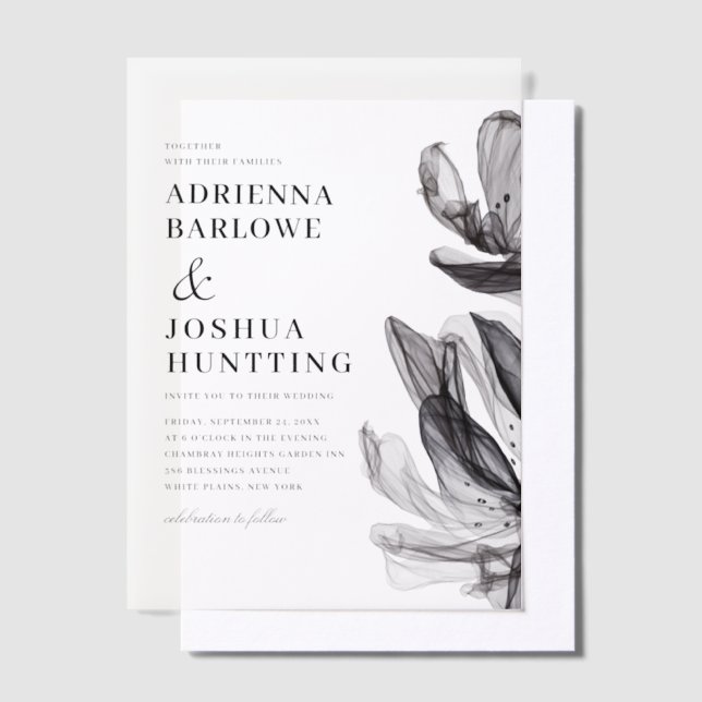 Elegant Smoky Flowers Side Text Black Wedding Vellum Invitations (Offset)