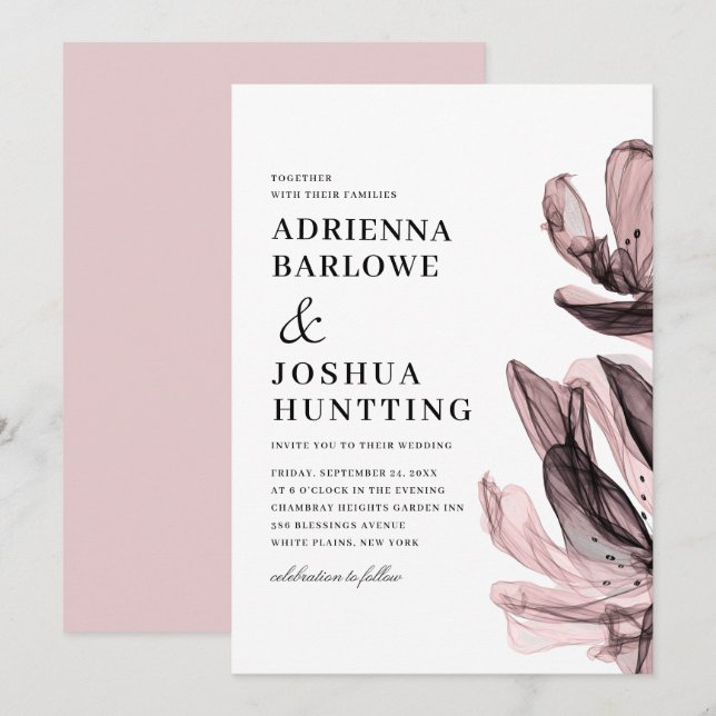 Elegant Smoky Flowers Side Text Dusty Pink Wedding Invitation (Front/Back)
