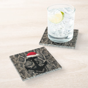 elegant snake skin nautical ANCHOR + SANTA HAT   Glass Coaster
