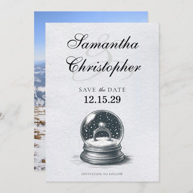 Elegant Snow Globe Engagement Ring Save The Date (Front/Back)