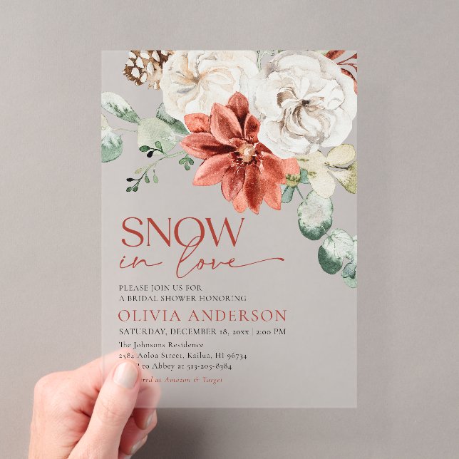 Elegant Snow in Love Winter Red Bridal Shower Acrylic Invitations (Insitu (Handheld))