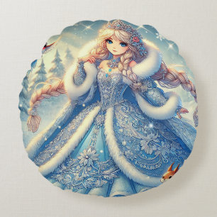Elegant Snow Queen in Winter Wonderland Round Pillow