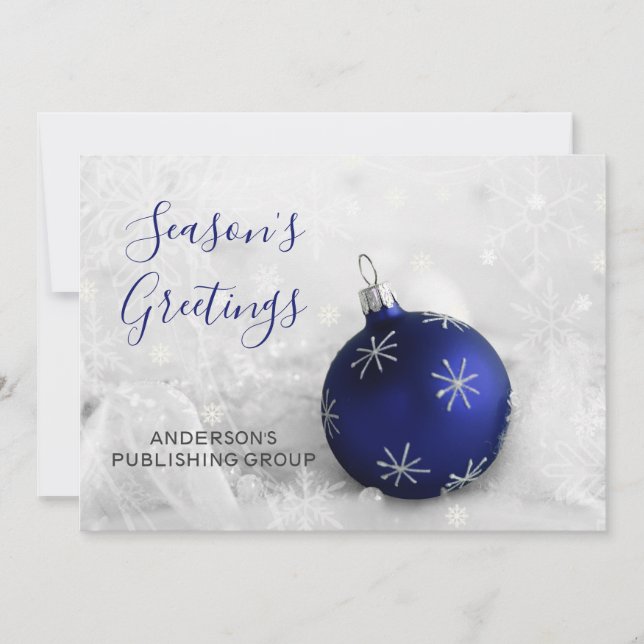 Elegant Snow Scene Navy Ornament Company Holiday Card (Front)