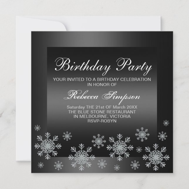 Elegant Snow Silver & Black Birthday Invitation (Front)