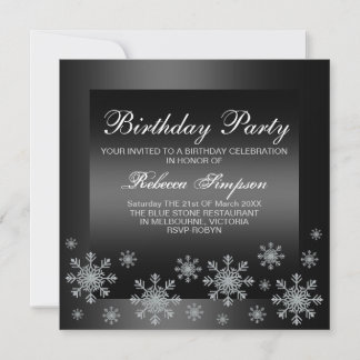 Elegant Snow Silver & Black Birthday Invitation