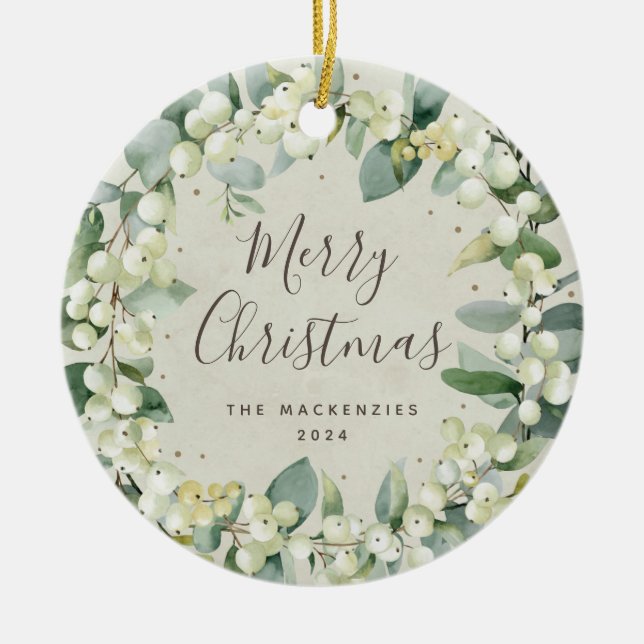 Elegant Snowberry Merry Christmas Family Photo Ceramic Ornament (Front)