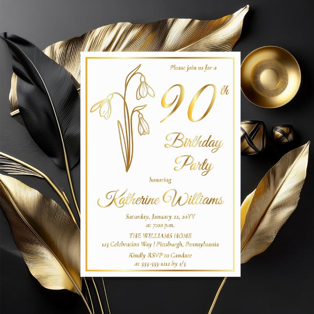 Elegant Snowdrops 90th Birthday Party Stamped (Elegant January Birth Month Snowdrops Floral "90th Birthday Party" Stamped Gold Foil Invitations)