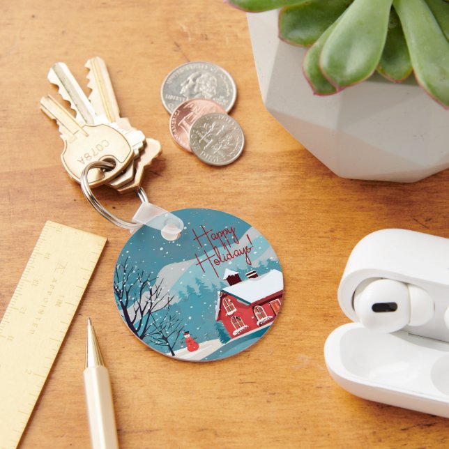 Elegant Snowfall Festive Happy Holidays Circle Keychain (Desk)