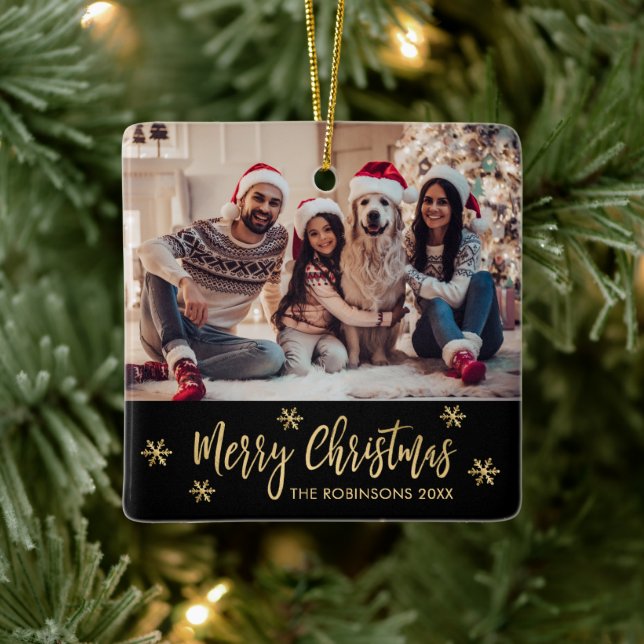 Elegant Snowflake Black and Gold Photo Christmas Ceramic Ornament (Tree)