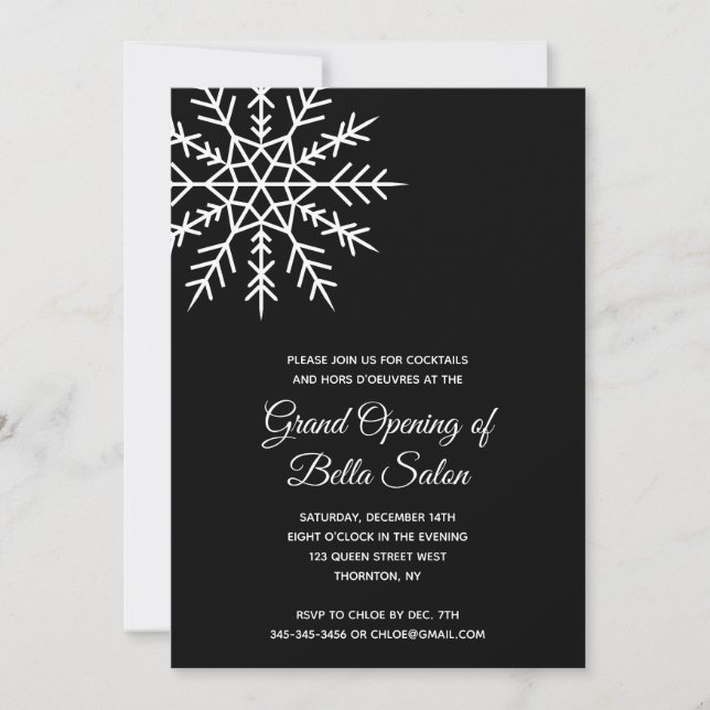 Elegant Snowflake Black Holiday Grand Opening Invitation (Front)