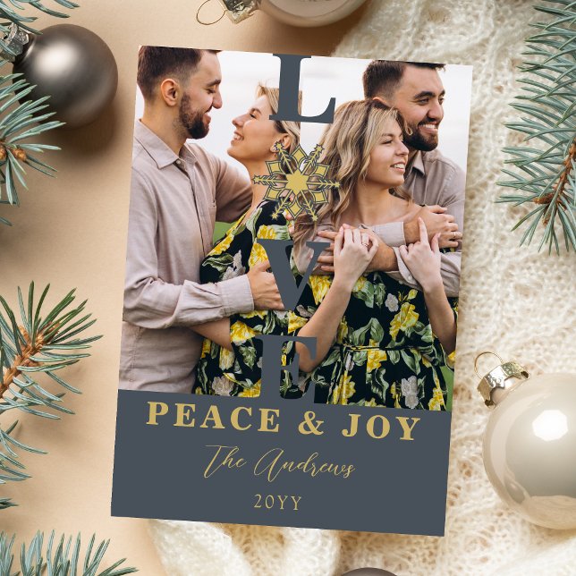 Elegant Snowflake Blue Faux Gold Minimal 2 Photos Holiday Card (Elegant and Refined Snowflake Greenish-Blue & Faux Gold Minimalist 2 Vertical Photos Christmas.)