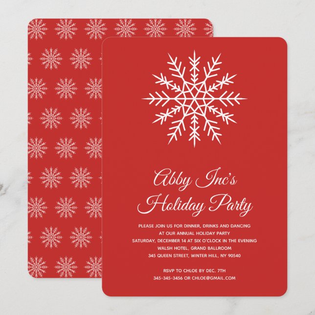 Elegant Snowflake Corporate Red Holiday Party Invitation (Front/Back)