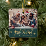 Elegant Snowflake Green and Gold Photo Christmas Ceramic Ornament<br><div class="desc">Modern Elegant Script Snowflake Green and Gold Photo Merry Christmas Script Holiday Ceramic Ornament. Features one) photo template „Merry Christmas” text. The „Merry Christmas” greeting text is written in a beautiful hand lettered whimsical font script and around gold snowflakes on green colour background. This Ceramic Ornament Cute gift for your...</div>