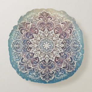 Elegant Snowflake Mandala in Frosty Hues Round Pillow