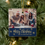 Elegant Snowflake Navy and Gold Photo Christmas Ceramic Ornament<br><div class="desc">Modern Elegant Script Snowflake Navy and Gold Photo Merry Christmas Script Holiday Ceramic Ornament. Features one) photo template „Merry Christmas” text. The „Merry Christmas” greeting text is written in a beautiful hand lettered whimsical font script and around gold snowflakes on navy blue colour background. This Ceramic Ornament Cute gift for...</div>