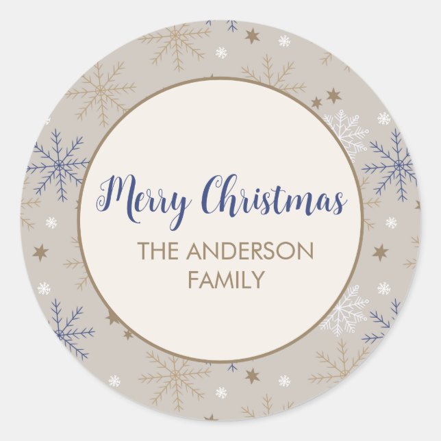 Elegant Snowflake Pattern Beige Classic Round Sticker (Front)