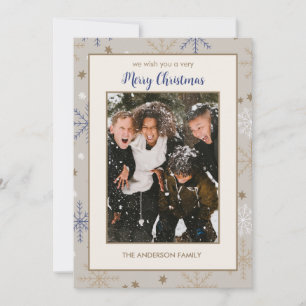Elegant Snowflake Pattern Beige Family Photo Holiday Card