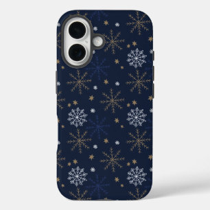 Elegant Snowflake Pattern Dark Blue iPhone 16 Case