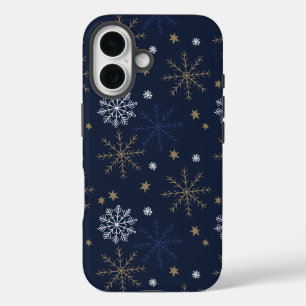 Elegant Snowflake Pattern Dark Blue iPhone 16 Case