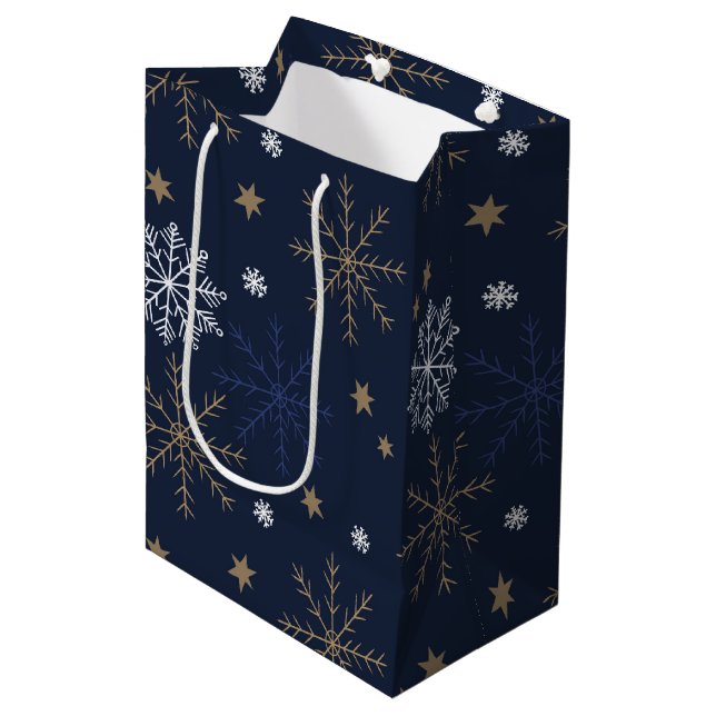 Elegant Snowflake Pattern Dark Blue Medium Gift Bag (Front Angled)