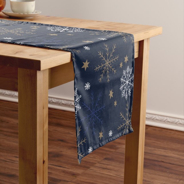 Elegant Snowflake Pattern Dark Blue Short Table Runner (In Situ)