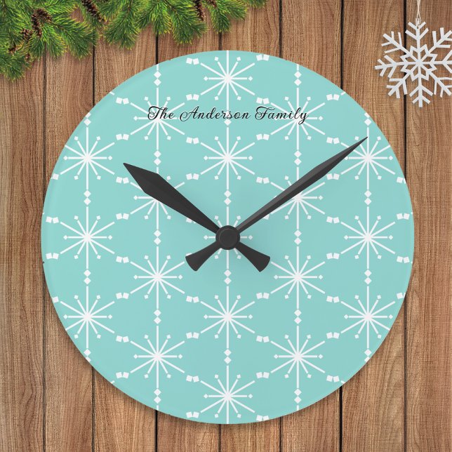 Elegant Snowflake Patterned Personalized Modern Round Clock (A wall clock in light turquoise with geometric snowflakes pattern, personalized with a name)