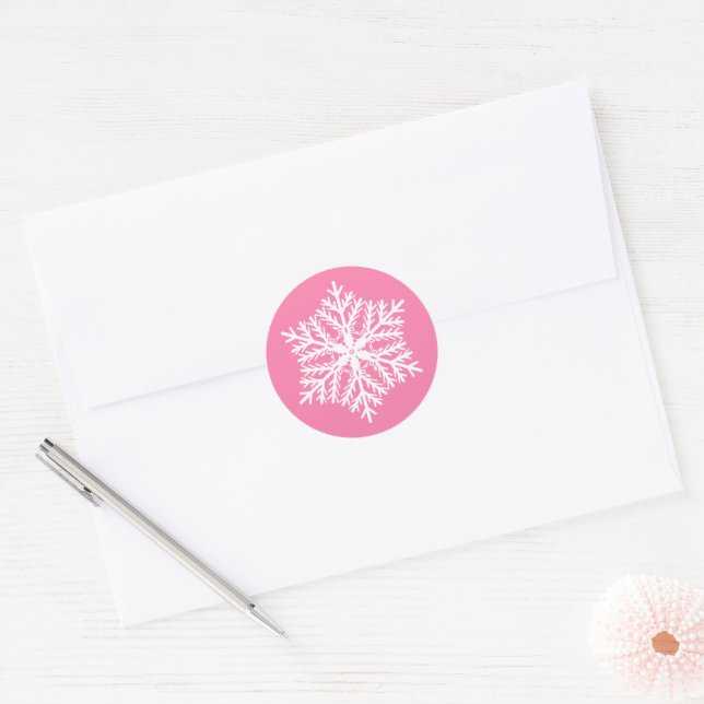 Elegant Snowflake Pink Christmas Classic Round Sticker (Envelope)