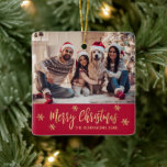 Elegant Snowflake Red and Gold Photo Christmas Ceramic Ornament<br><div class="desc">Modern Elegant Script Snowflake Red and Gold Photo Merry Christmas Script Holiday Ceramic Ornament. Features one) photo template „Merry Christmas” text. The „Merry Christmas” greeting text is written in a beautiful hand lettered whimsical font script and around gold snowflakes on red colour background. This Ceramic Ornament Cute gift for your...</div>