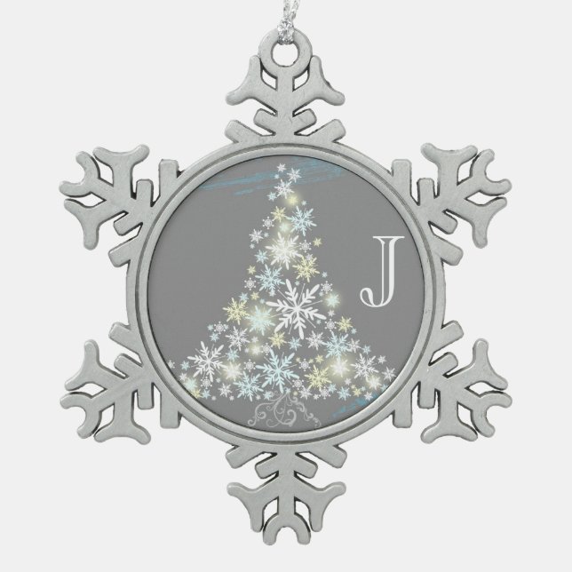 Elegant Snowflake Tree + Monogram Pewter Ornaments (Front)