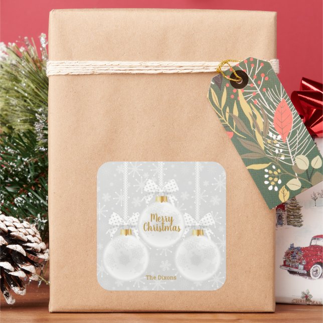 Elegant Snowflake White Ornament Christmas Square Sticker (Holiday)